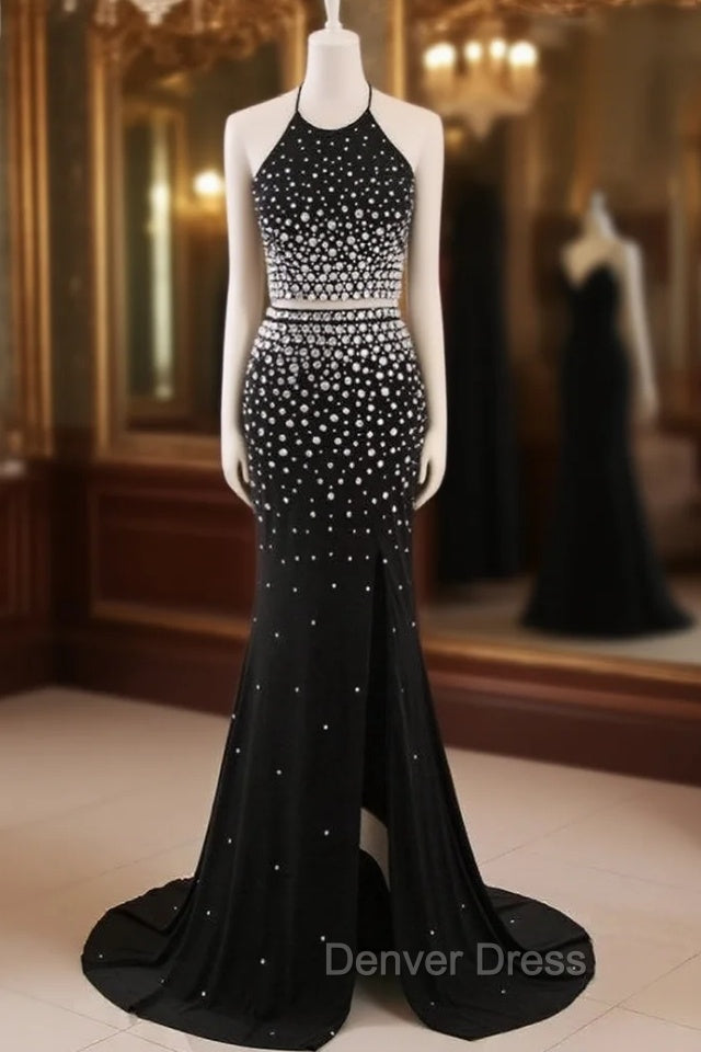Crystal Mermaid Black Mermaid Prom Dresses Sexy Backless Halter