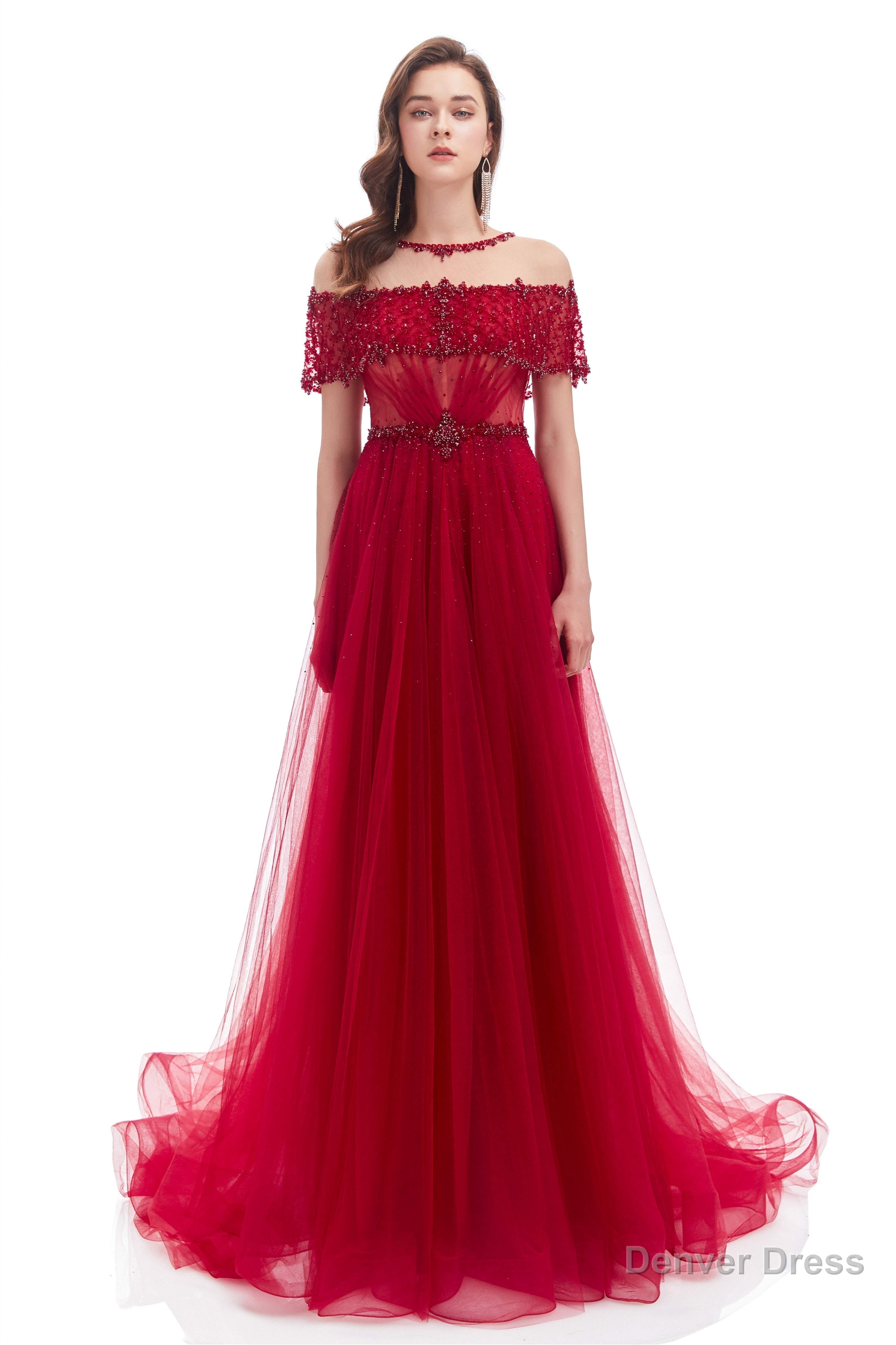 Crystal O Neck Sleeveless A Line Tulle Prom Dresses