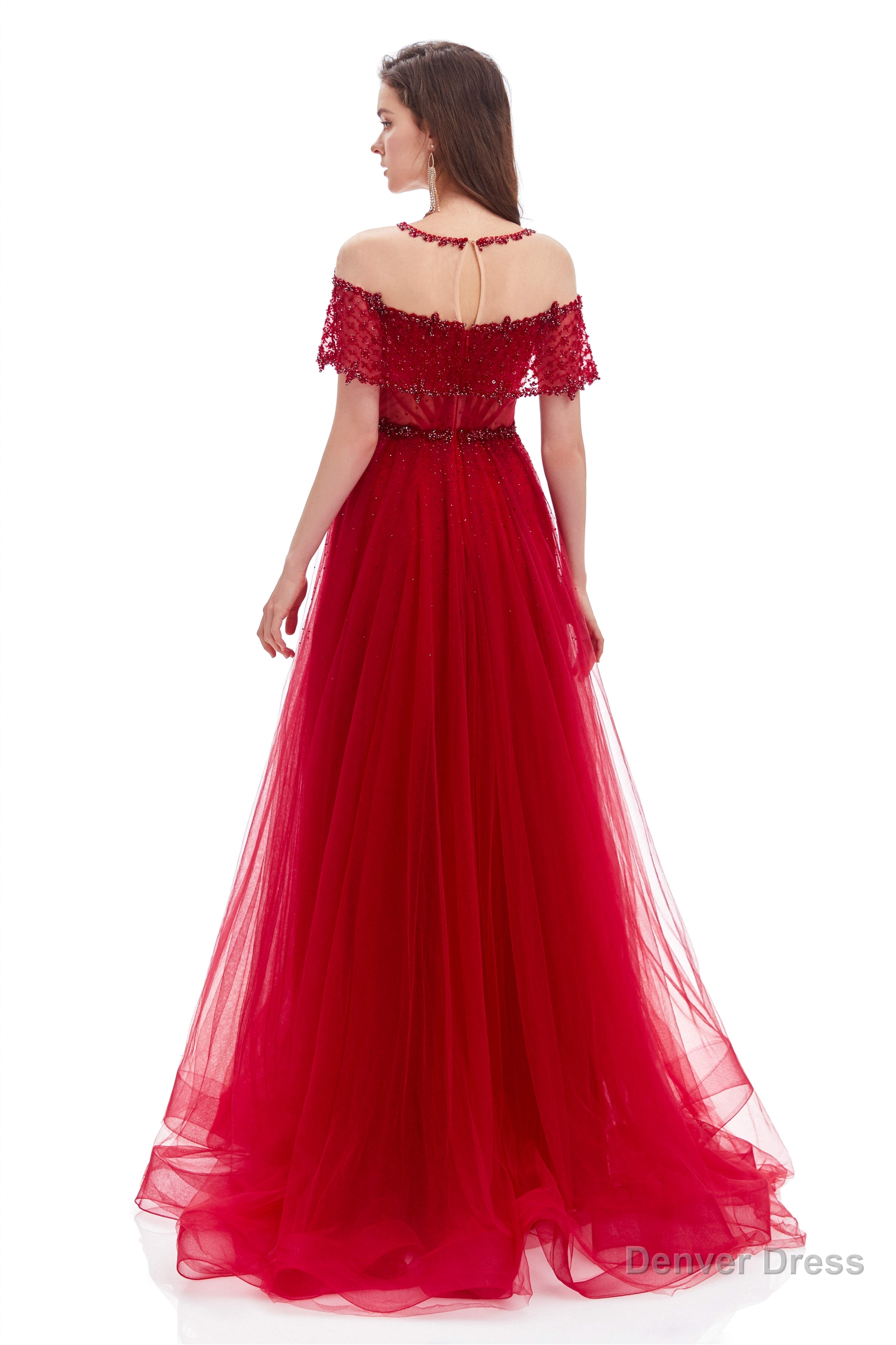 Crystal O Neck Sleeveless A Line Tulle Prom Dresses