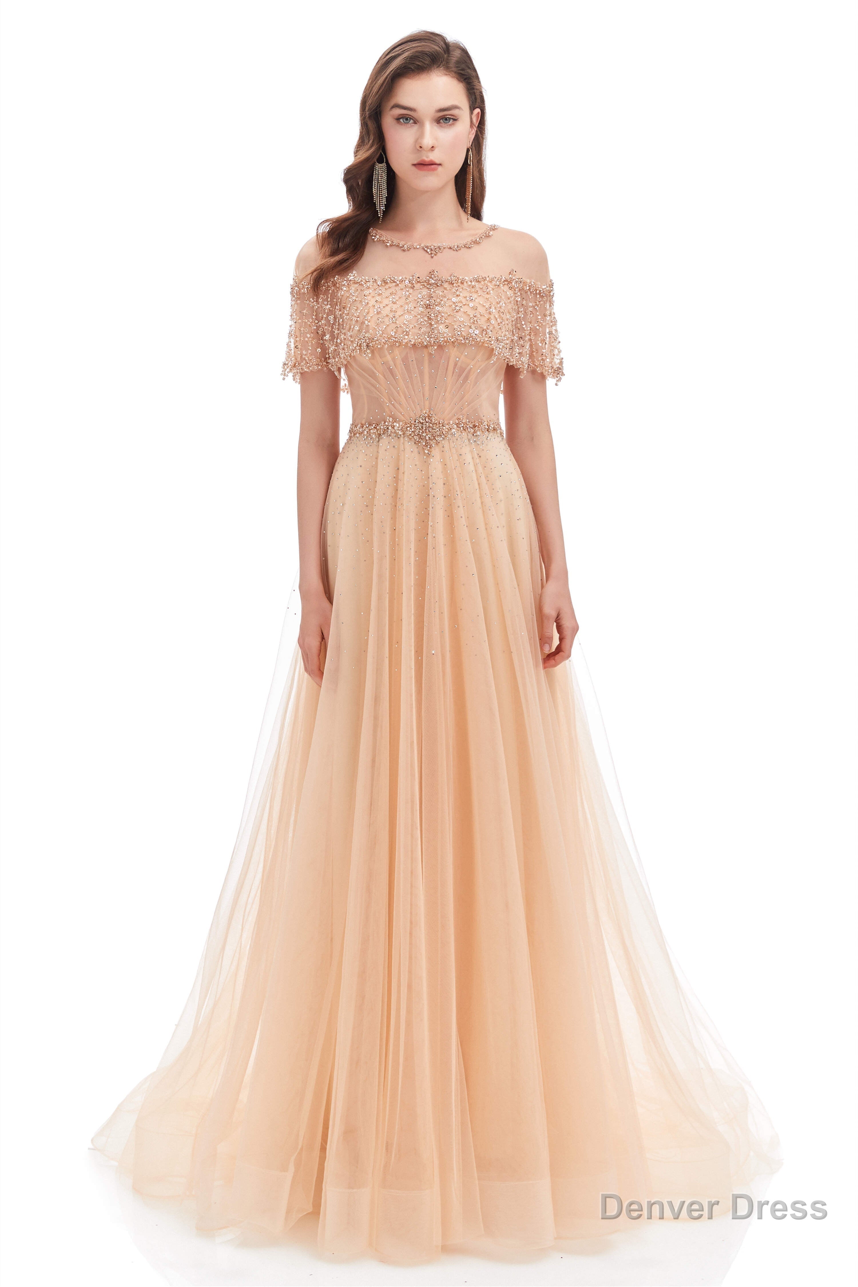 Crystal O Neck Sleeveless A Line Tulle Prom Dresses Main image