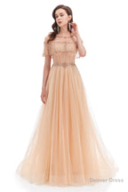 Crystal O Neck Sleeveless A Line Tulle Prom Dresses