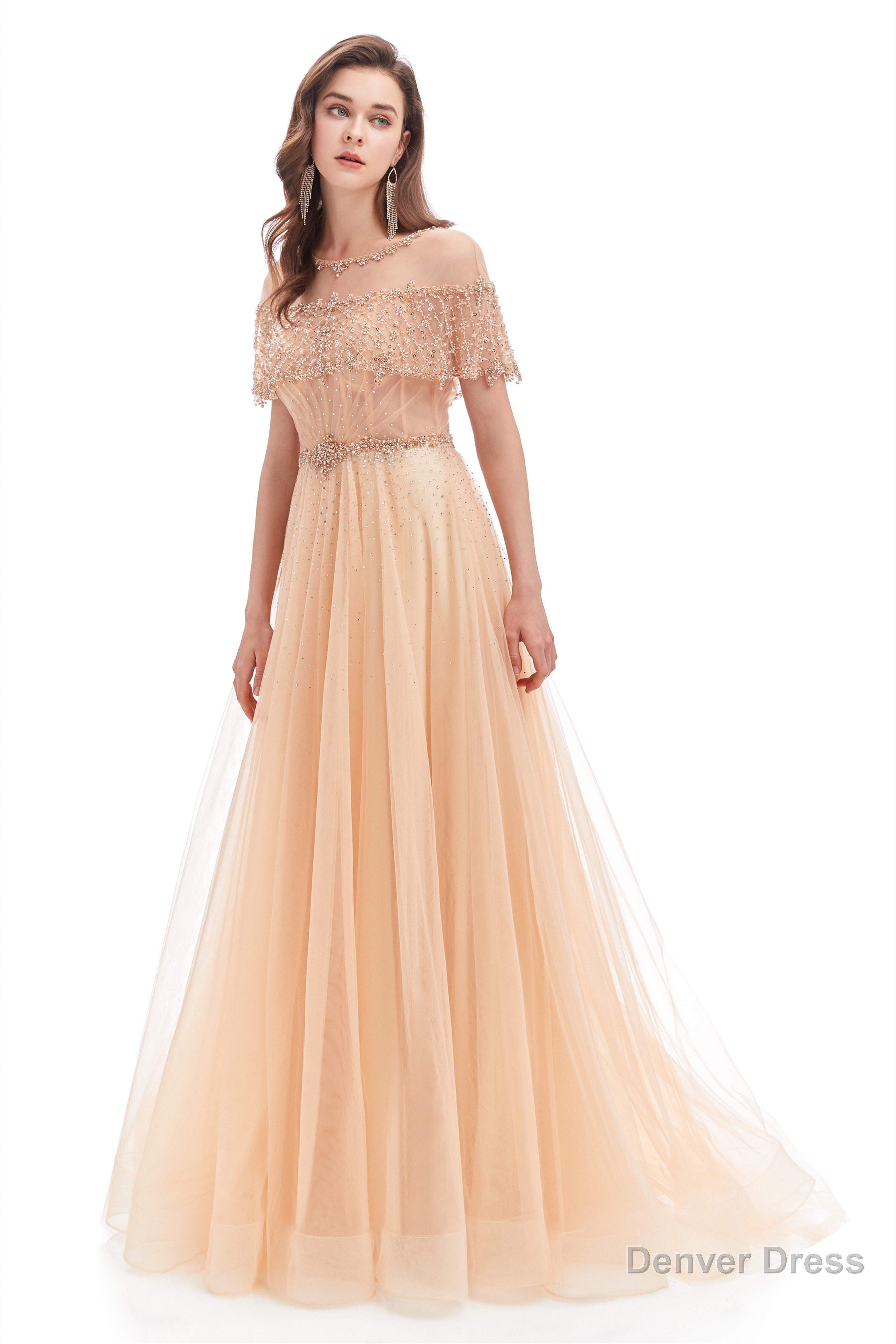 Crystal O Neck Sleeveless A Line Tulle Prom Dresses