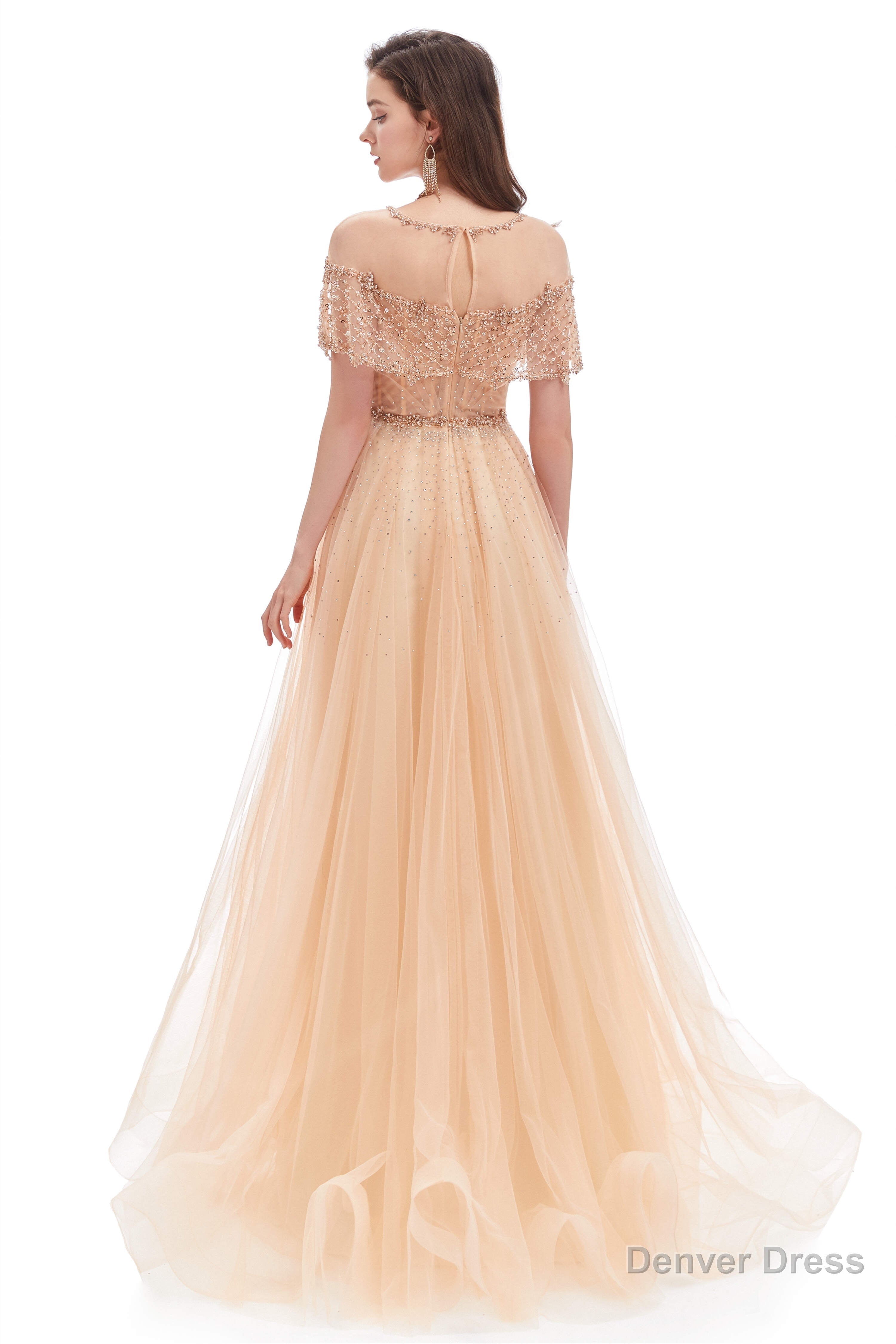 Crystal O Neck Sleeveless A Line Tulle Prom Dresses