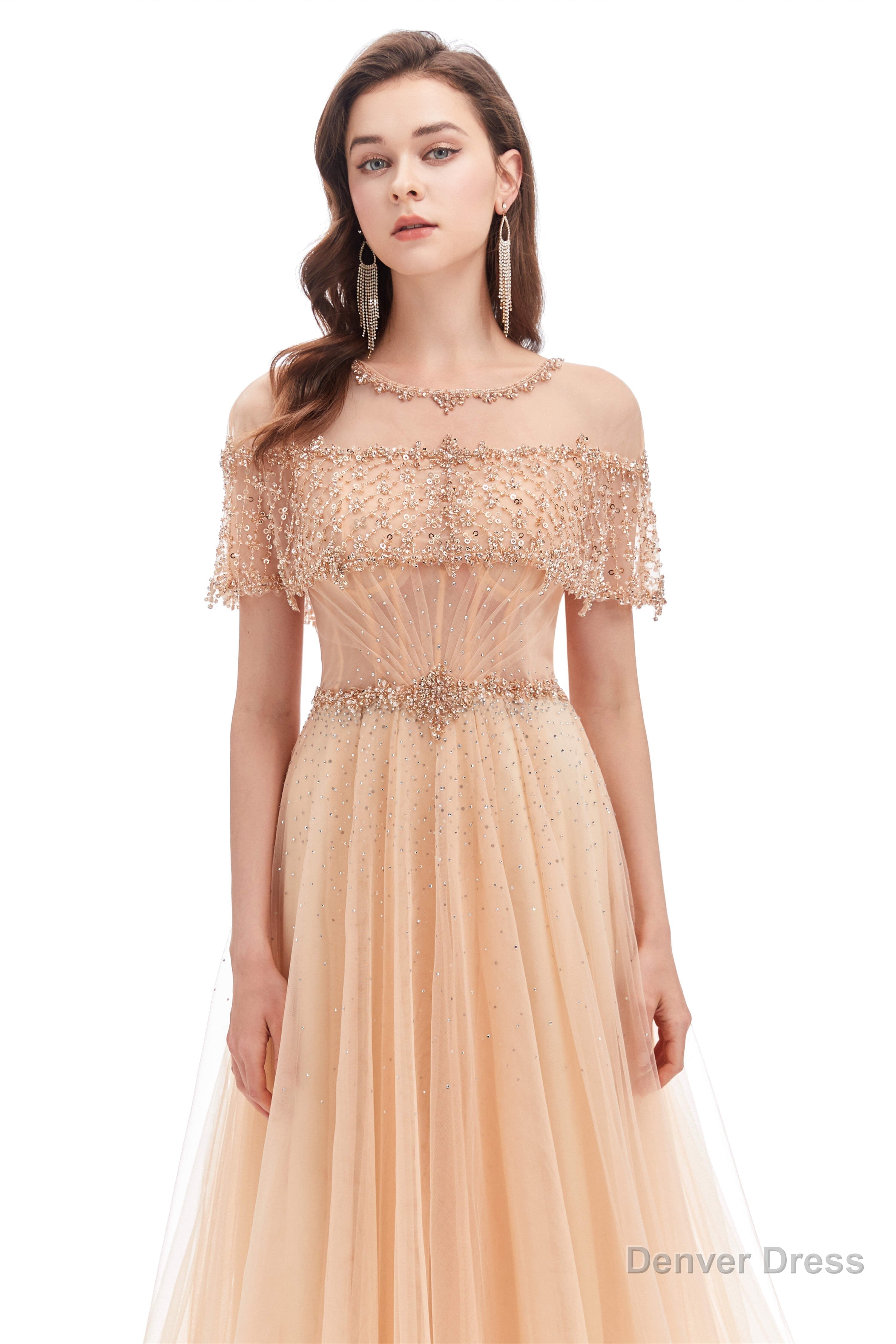 Crystal O Neck Sleeveless A Line Tulle Prom Dresses
