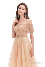Crystal O Neck Sleeveless A Line Tulle Prom Dresses