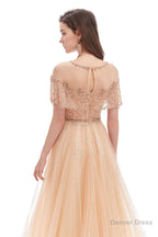 Crystal O Neck Sleeveless A Line Tulle Prom Dresses