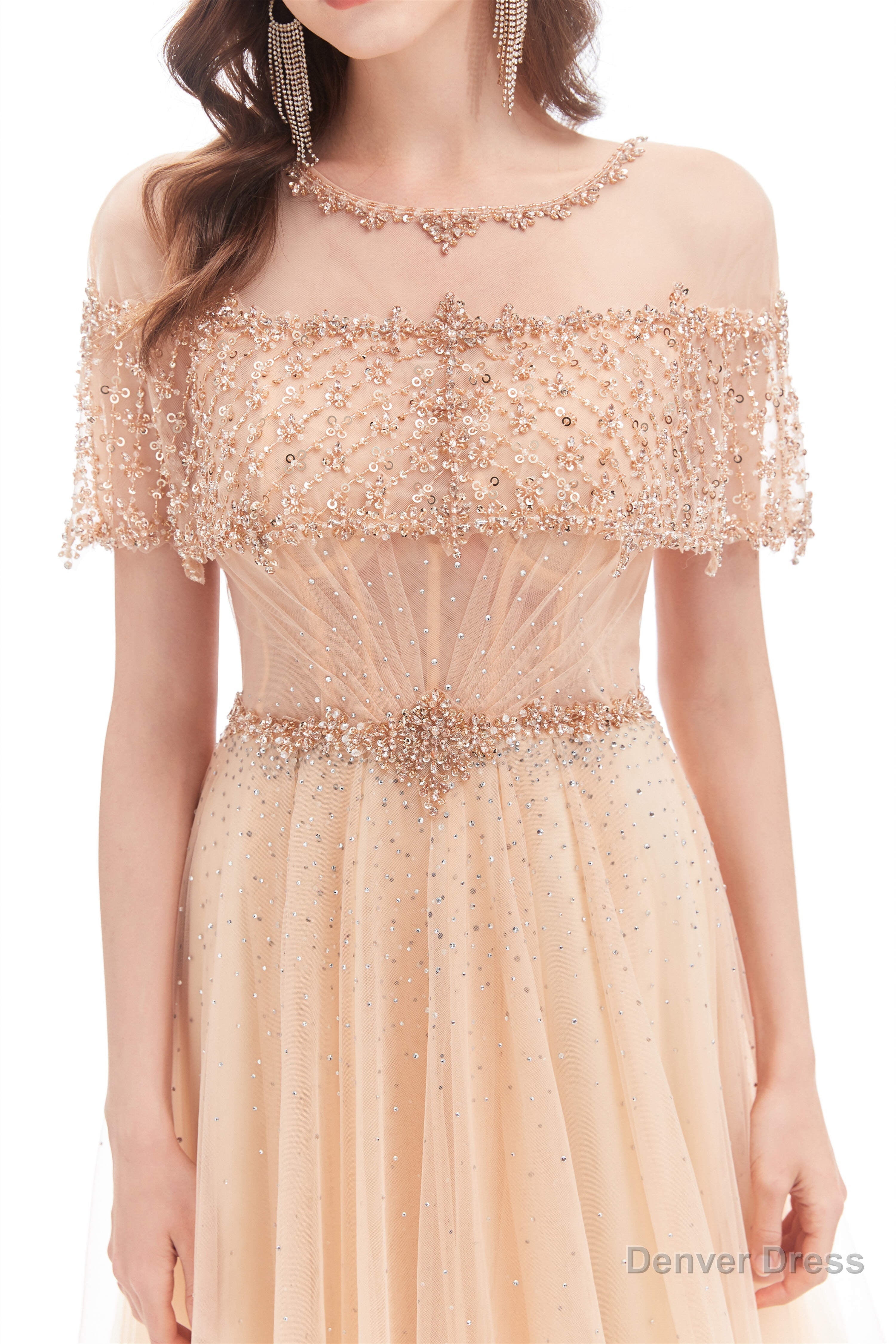 Crystal O Neck Sleeveless A Line Tulle Prom Dresses