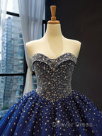 Crystals Sequined Navy Blue Quinceanera Dresses Ball Gown Wedding Dresses