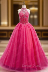 Crystals Sweet 16 Dresses Ball Gowns Halter Tulle Quinceanera Gown Dresses