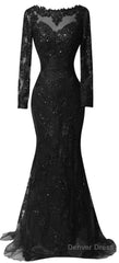 Custom Long Sleeves Prom Dress,Charming Beading Evening Dress,Lace Mermaid Prom Dress