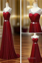 Custom Made A Line Dark Red Round Neck Long Prom Dresses, Bridesmaid Dresses, Formal Dresses