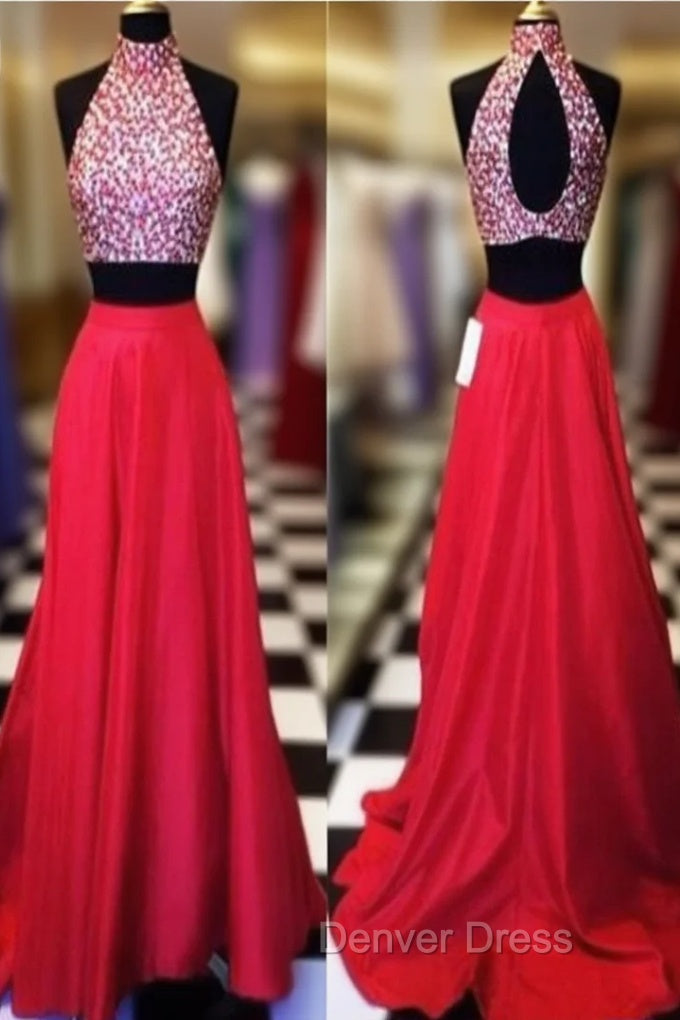 Custom Made A Line High Neck 2 Pieces Red Long Prom Dresses, Long Red Formal Dresses