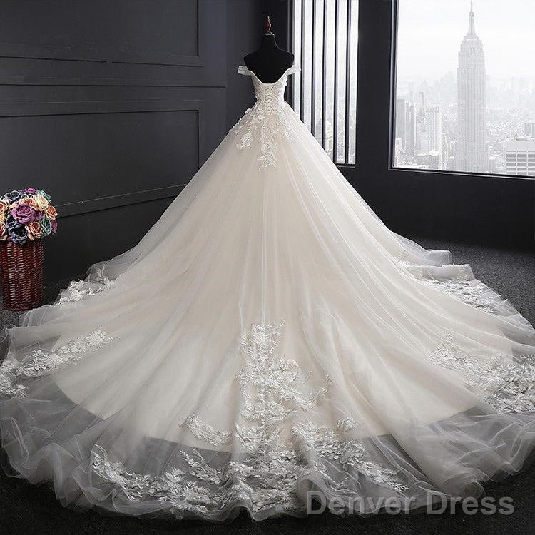 Custom Made A Line Long Tulle Lace Ivory Wedding Dresses With Train Main image
