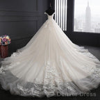 Custom Made A Line Long Tulle Lace Ivory Wedding Dresses With Train