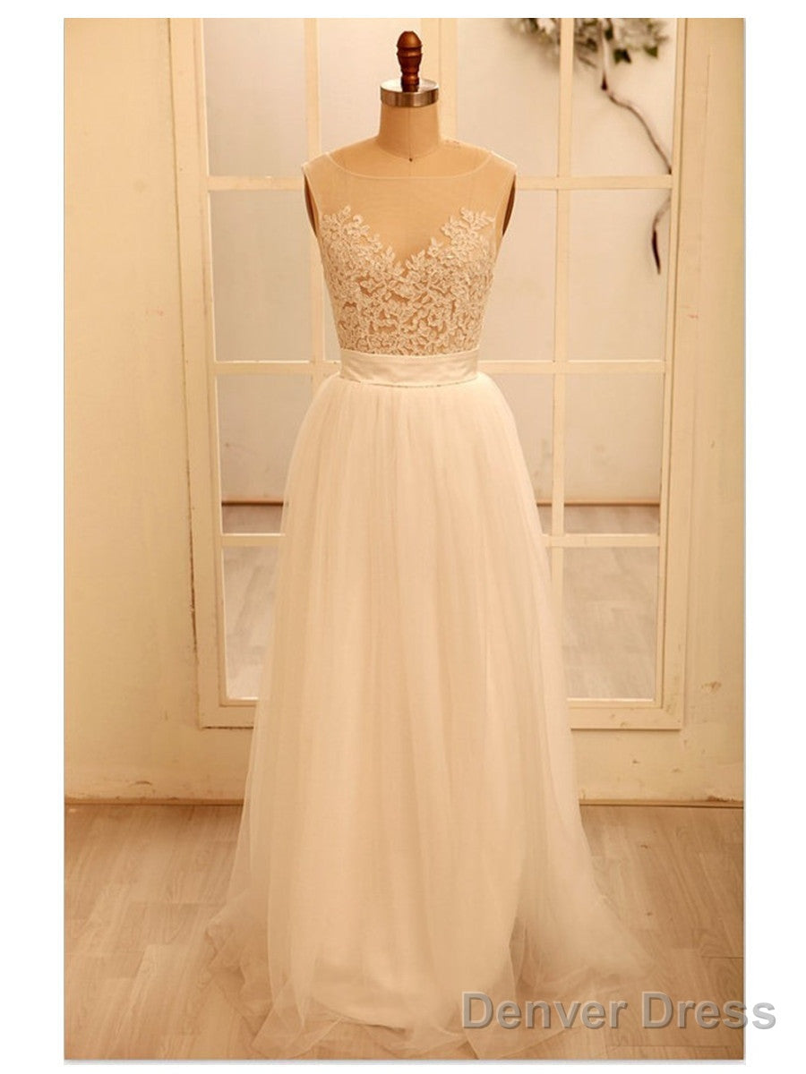 Custom Made A Line Round Neck Ivory Lace Wedding Dress, Deep V Neck Back Prom Dress, Ivory Dresses For Wedding Main image