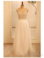 Custom Made A Line Round Neck Ivory Lace Wedding Dress, Deep V Neck Back Prom Dress, Ivory Dresses For Wedding