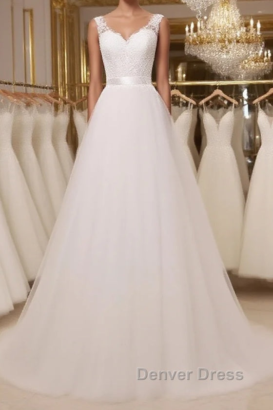 Custom Made A Line Round Neck Lace Tulle White Long Prom Dress, White Lace Prom Dress, White Prom Dresses Main image
