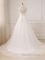 Custom Made A Line Round Neck Lace Tulle White Long Prom Dress, White Lace Prom Dress, White Prom Dresses