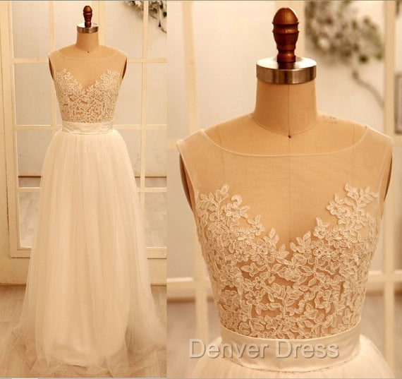 Custom Made A Line Round Neck Ivory Lace Wedding Dress, Deep V Neck Back Prom Dress, Ivory Dresses For Wedding Secondary image