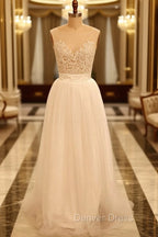 Custom Made A Line Round Neck Ivory Lace Wedding Dress, Deep V Neck Back Prom Dress, Ivory Dresses For Wedding