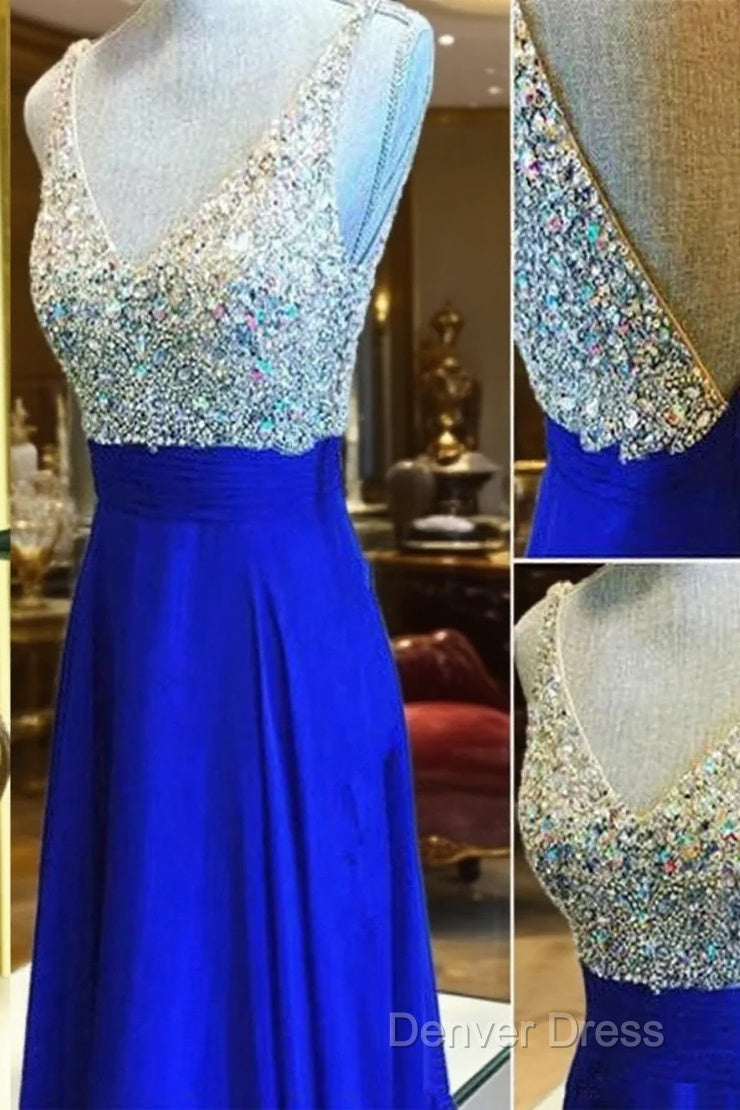 Custom Made A Line V Neck Backless Floor Length Royal Blue Prom Dress, Blue Prom Dress, Blue Bridesmaid Dresses Main image