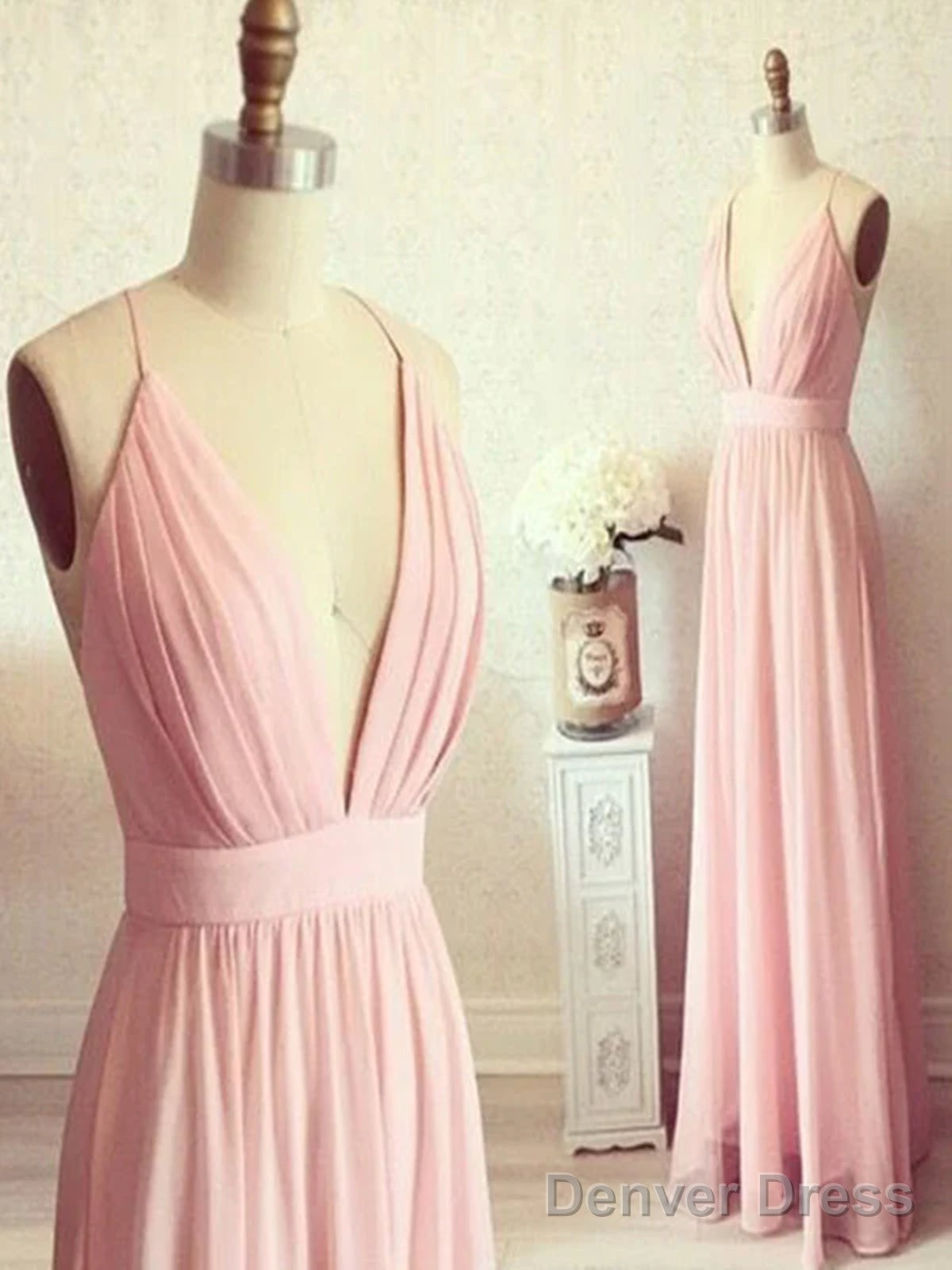 Custom Made A Line V Neck Backless Pink Long Prom Dress, V Neck Backless Prom Dress, Bridesmaid Dresses