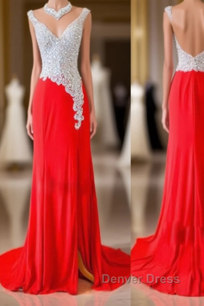Custom Made A Line V Neck Backless Sequins Red Prom Dress, Red Prom Dresses