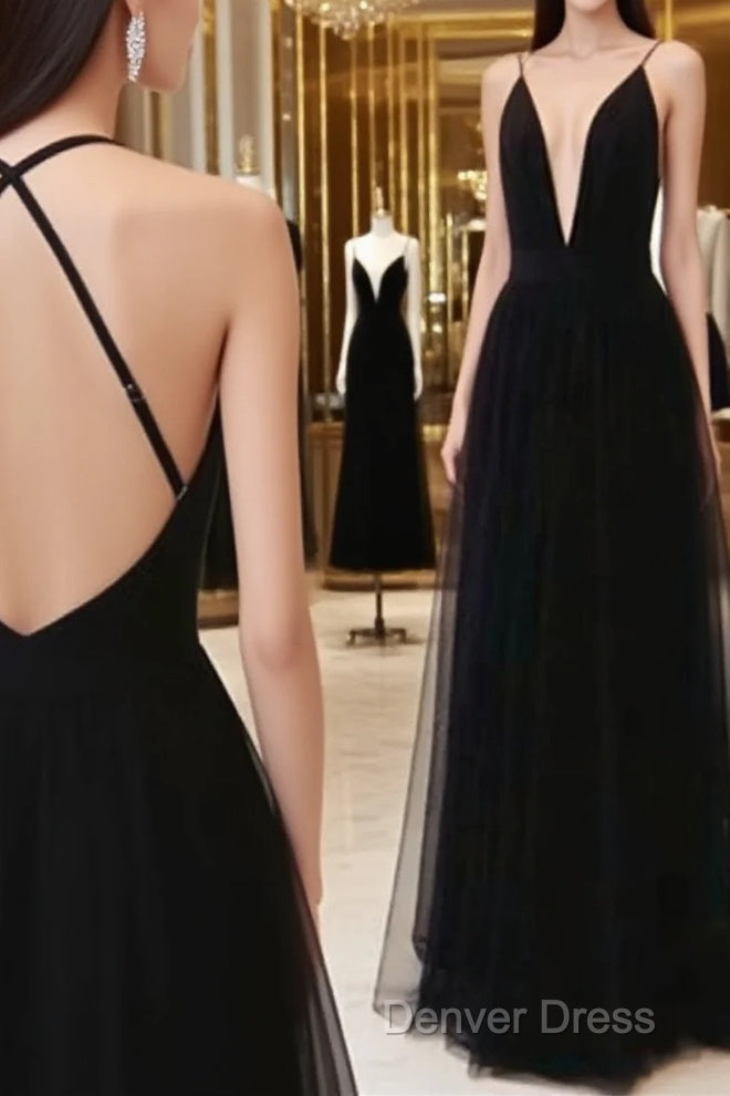 Custom Made A Line V Neck Black Backless Prom Dress, Black Backless Prom Dress, Bridesmaid Dresses Main image