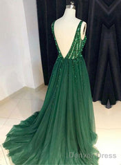 Custom Made A Line V Neck Emerald Green Backless Prom Dresses, Backless Green Graduation Formal Dresses