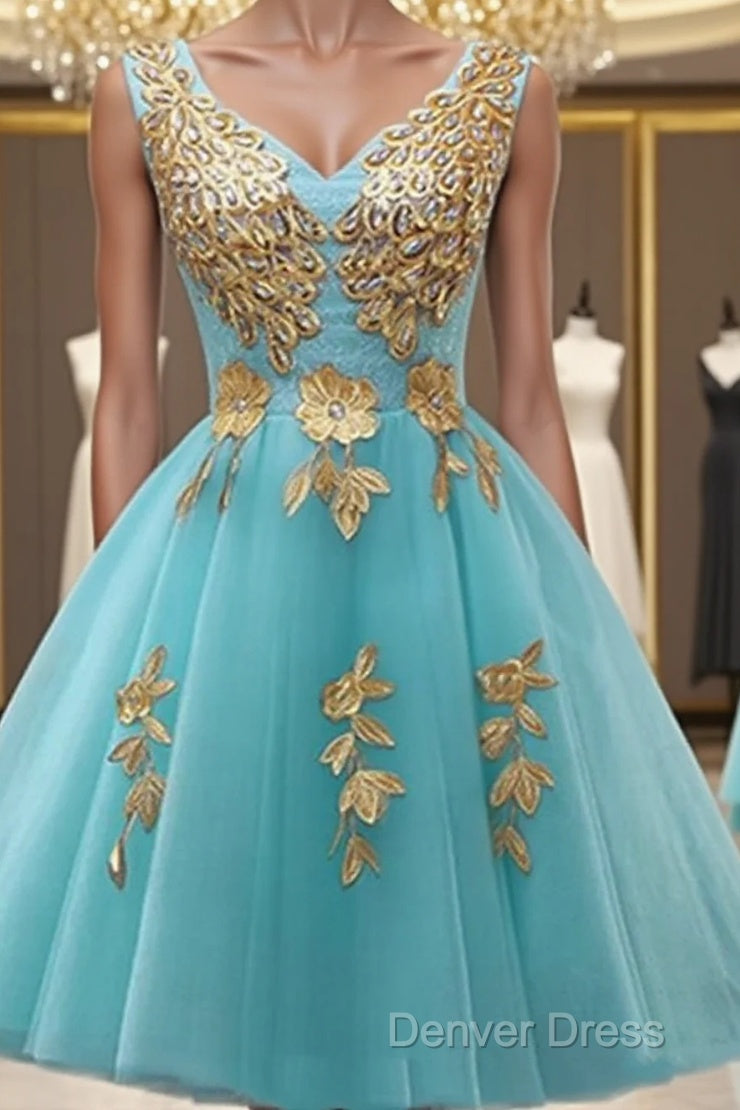 Custom Made A Line V Neck Light Blue Short Tulle Prom Dress, Short Bridesmaid Dress, Homecoming Dress, Graduation Dresses Main image