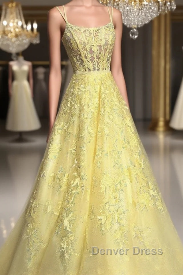 Custom Made Backless Yellow Lace Floral Long Prom Dress, Yellow Lace Prom Graduation Prom Dresses