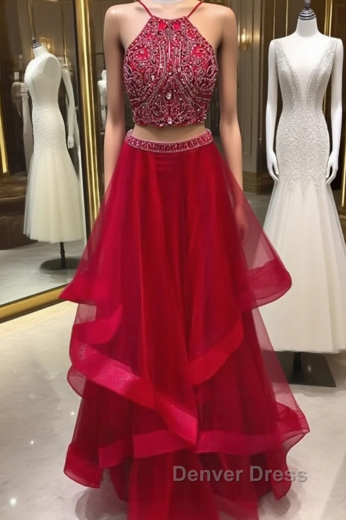 Custom Made Beaded Red Halter Two Piece Prom Dresses ,Formal Dresses Main image