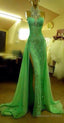Custom Made Crystal Evening Dresses Green High Neck Lace Prom Dresses With Slit Sexy Mermaid Crystal Beaded Prom Dresses