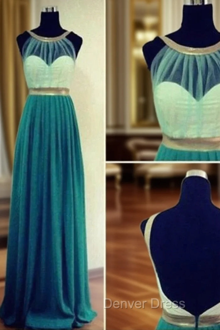Custom Made Green And Gold Round Neckline Backless Prom Dresses, Long Green Formal Dresses Main image