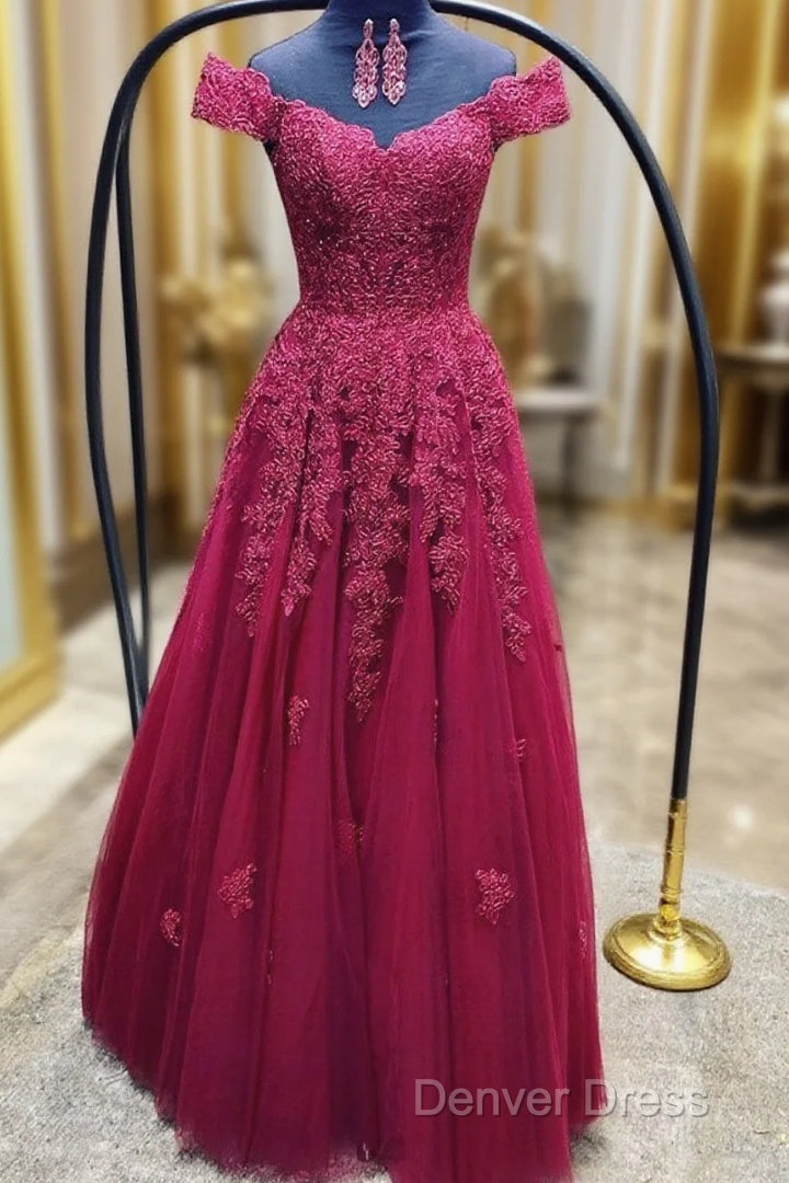 Custom Made Off Shoulder Burgundy Lace Prom Dress, Off The Shoulder Burgundy Lace Prom Bridesmaid Dresses Main image