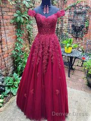 Custom Made Off Shoulder Burgundy Lace Prom Dresses, Off The Shoulder Burgundy Lace Formal Bridesmaid Dresses
