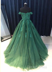 Custom Made Off Shoulder Emerald Green Lace Prom Dresses, Green Formal Dresses, Lace Prom Gown