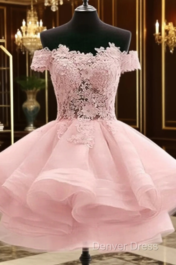 Custom Made Off Shoulder Pink Lace Short Prom Dresses, Pink Lace Bridesmaid Dresses, Homecoming Dresses