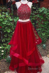 Custom Made Red Two Pieces Sequin Long Prom Dress, Evening Dress