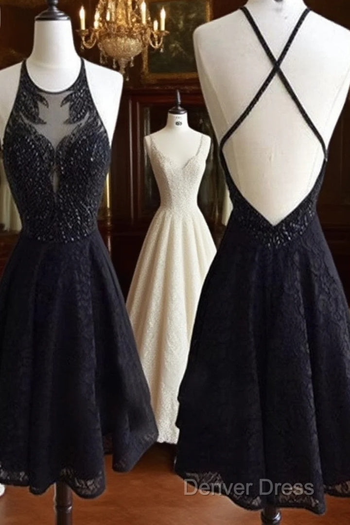 Custom Made Round Neck Backless Short Black Lace Prom Dresses, Short Black Lace Formal Dresses