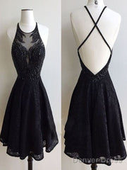 Custom Made Round Neck Backless Short Black Lace Prom Dresses, Short Black Lace Formal Dresses