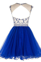 Custom Made Round Neck Cap Sleeves Beading Black Short Prom Dress Royal Blue Homecoming Dress, Prom Dresses 2026