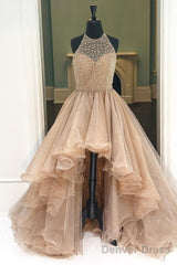 Custom Made Round Neck High Low Champagne Prom Dresses, High Low Formal Dresses