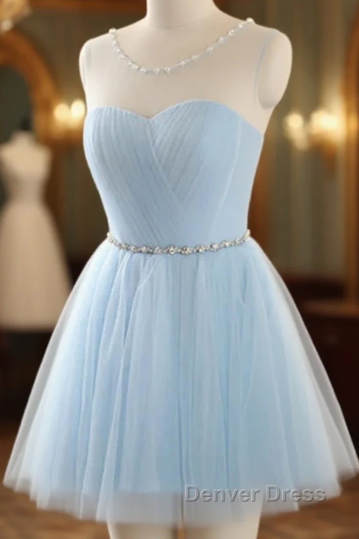 Custom Made Round Neck Short Blue Prom Dress, Short Blue Graduation Dress, Homecoming Dress, Blue Bridesmaid Dresses Main image