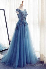 Custom Made Round Neck Sleeveless Lace Prom Dress, Blue Lace Formal Dress