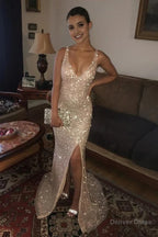 Custom Made Sparkly Sequined V Neck Golden Long Prom Dress with Leg Slit, Shiny Golden Prom Dress, Formal Dresses, Graduation Dresses