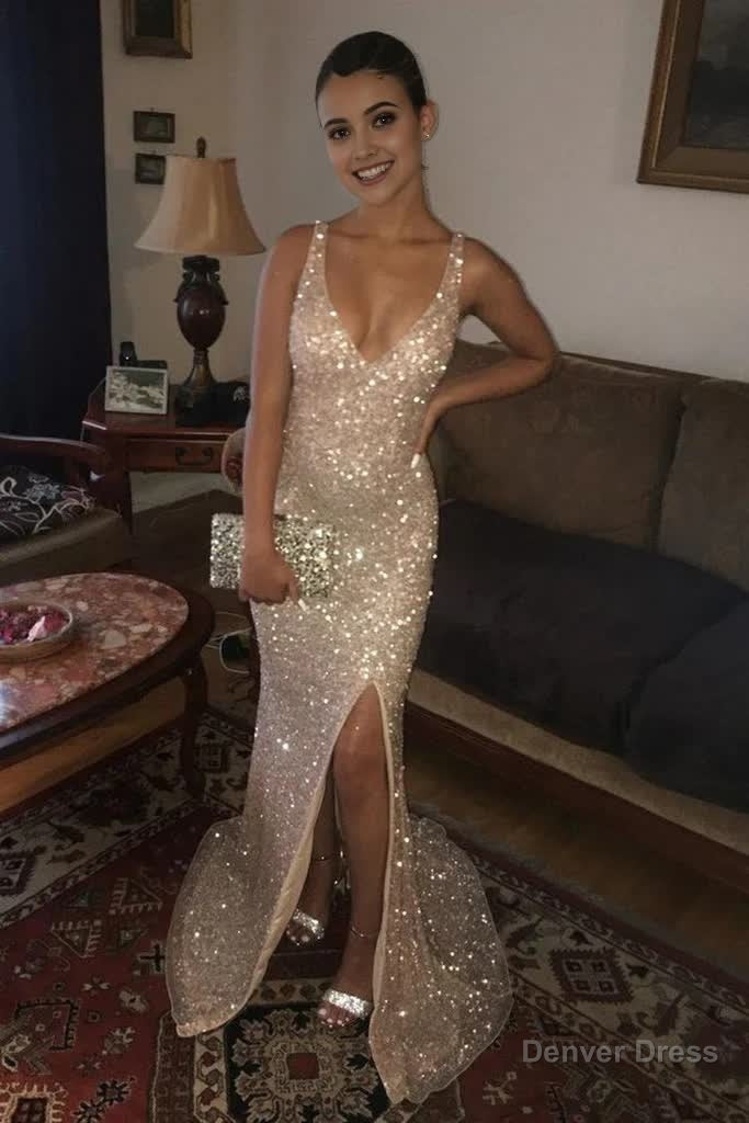 Custom Made Sparkly Sequined V Neck Golden Long Prom Dress with Leg Slit, Shiny Golden Prom Dress, Formal Dresses, Graduation Dresses