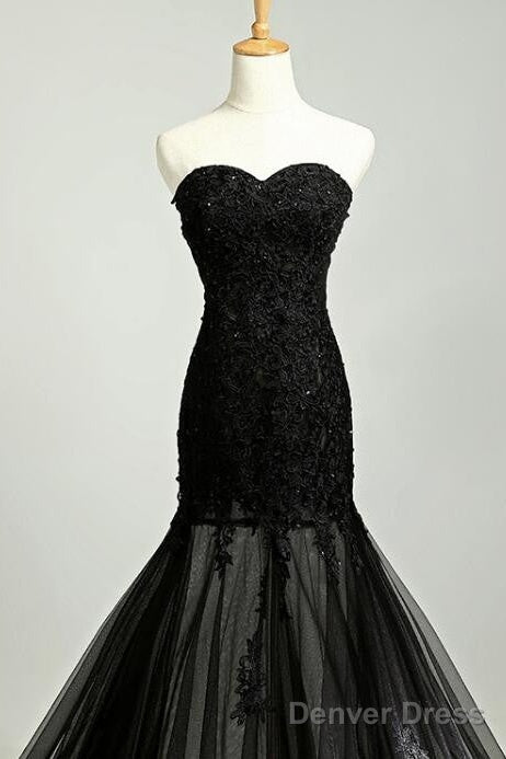 Custom Made Sweetheart Neck Mermaid Black Lace Prom Dresses With Sweep Train, Black Lace Formal Dresses Secondary image