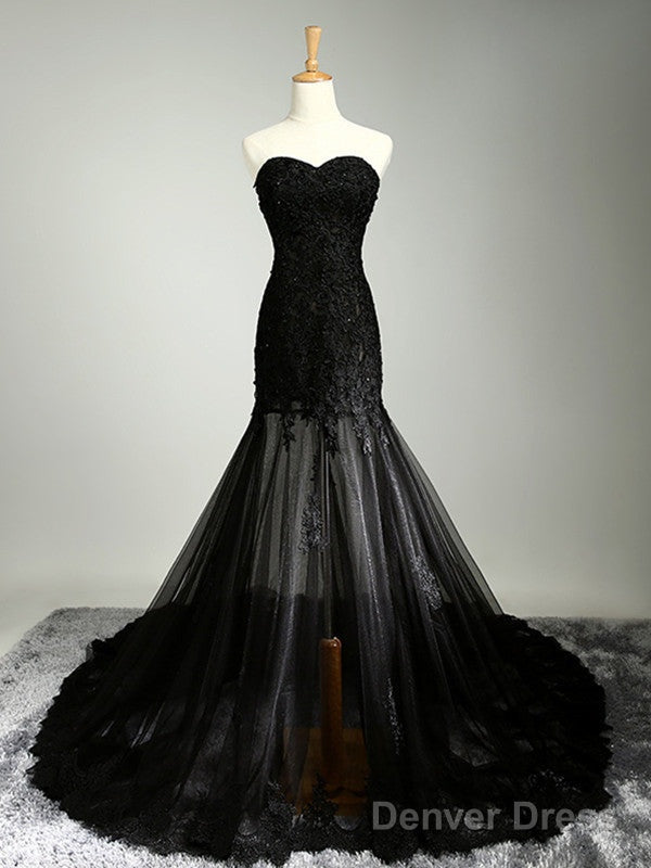 Custom Made Sweetheart Neck Mermaid Black Lace Prom Dresses With Sweep Train, Black Lace Formal Dresses Main image