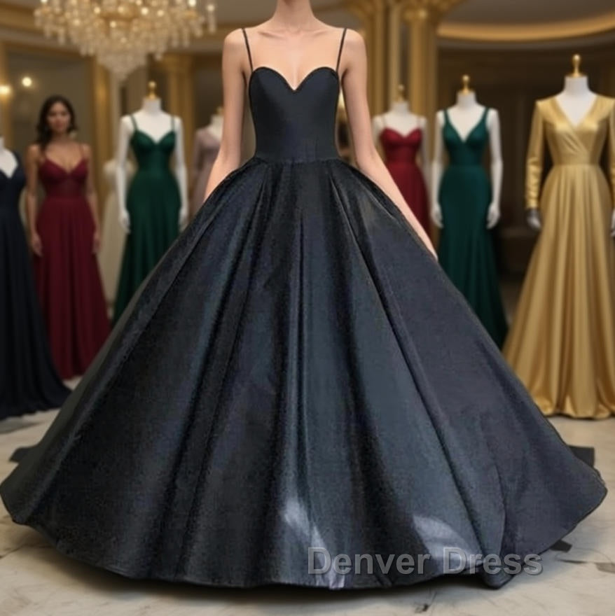 Custom Made Thin Straps Sweetheart Neck Black Ball Gown, Black Long Prom Dresses, Evening Dresses Main image